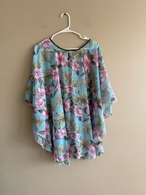 Jovie Floral Sheer Kimono Cover-Up in Light Blue and Pink